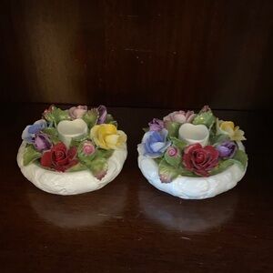 Aynsley England •Fine Bone China • Floral Candle Holders with Multicolor Accents
